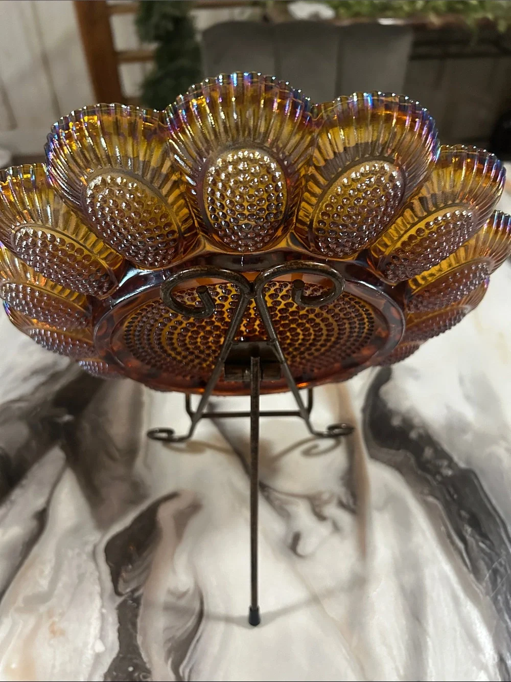 Indiana Glass Co. Iridescent Amber Carnival Hobnail Plate Deviled Egg Platter